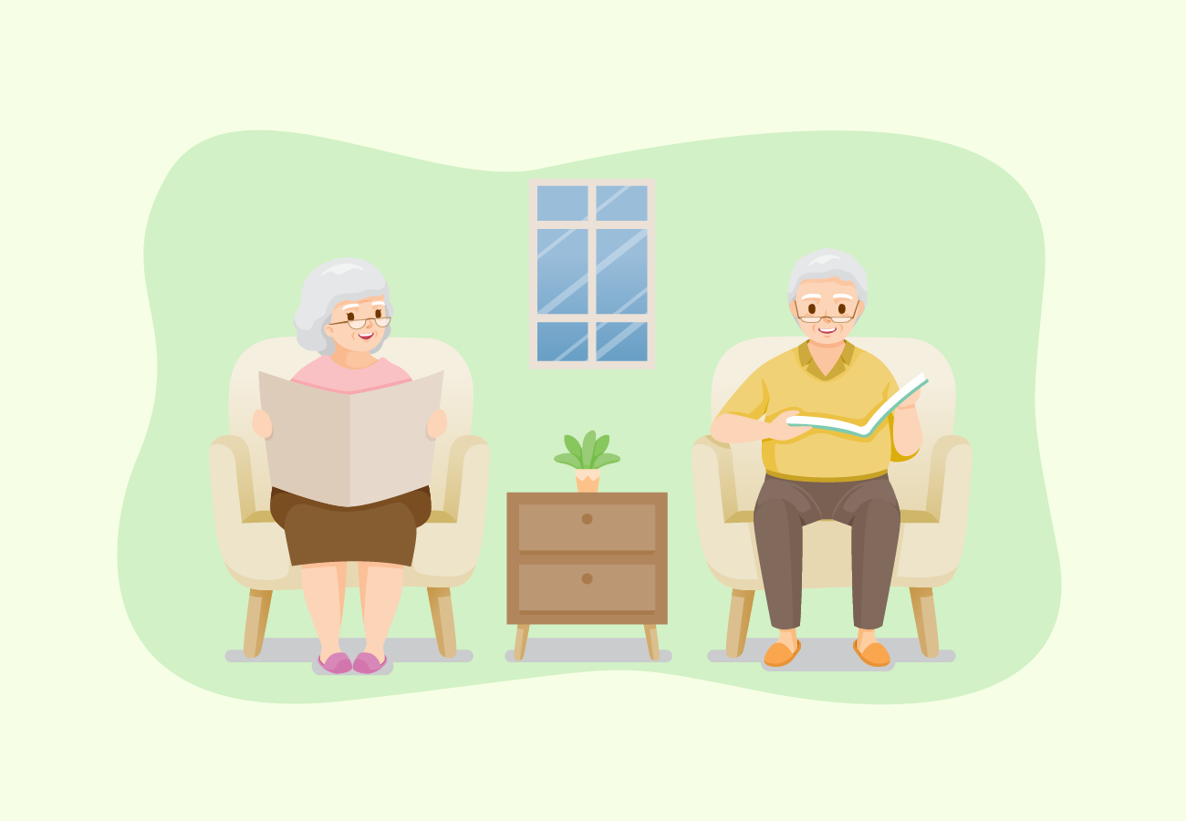 Old people relaxing at their couch.